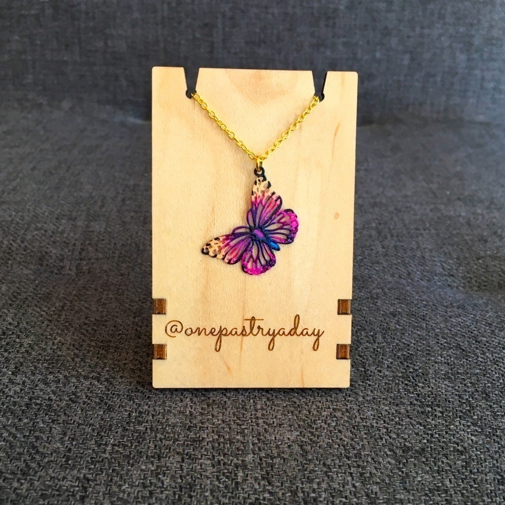 Colorful Filigree Butterfly Pendant Fashion Necklace, Pink, Black, 18 inches